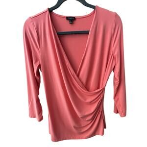 Talbots Blouse Sz M Melon Orange Cinch Side Low V Neck Professional Career Wear